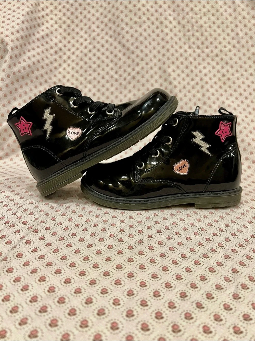 Harper Canyon Girl Black Patent Lace-Up Ankle Boots with Star & Heart Patches